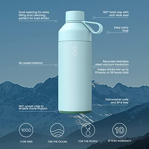 Ocean Bottle - Reciclagem de aço inoxidável Drinks reutilizáveis ​​garrafa de água - ecológica e reutilizável - azul -céu - 1L