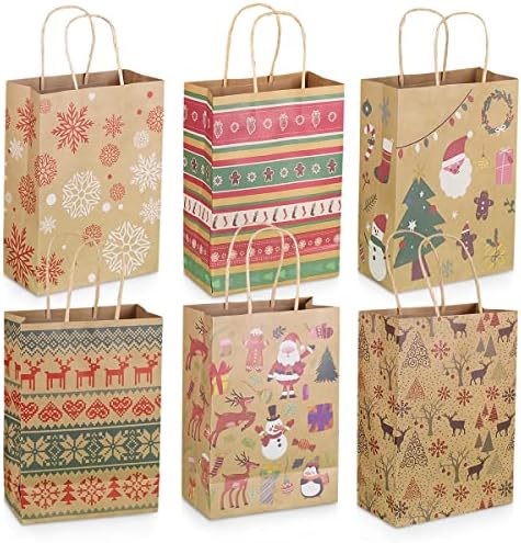 Decorações de Natal, sacolas de presente de natal kraft 24 contagem de estilos variados sacolas de paper de Natal com alças sacolas