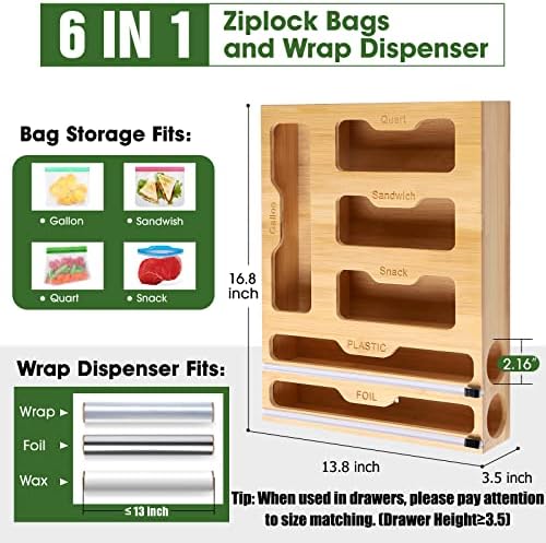 Organizador de armazenamento de saco de ziplock - dispensador de embrulho de 6 em 1 com cortador, adequado para galão, quart,