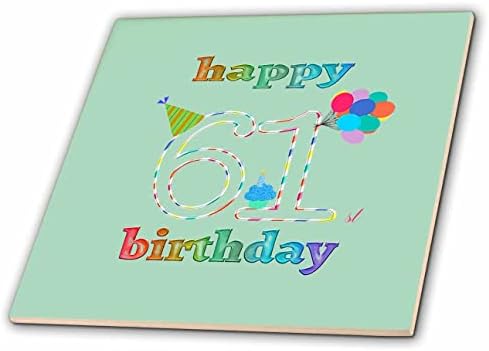 3drose feliz 61º aniversário, cupcake com vela, balões, chapéu, colorido - azulejos