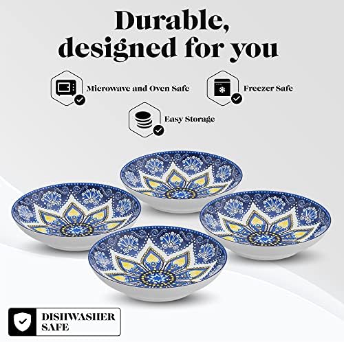 American Atelier Pasta Bowls | Conjunto de 4 | Grande, 9 polegadas, pratos de servir | Tigelas largas e rasas definidas para macarrão, salada, sopa, espaguete, ensopados ou cereais | Motivo de medalhão azul e amarelo