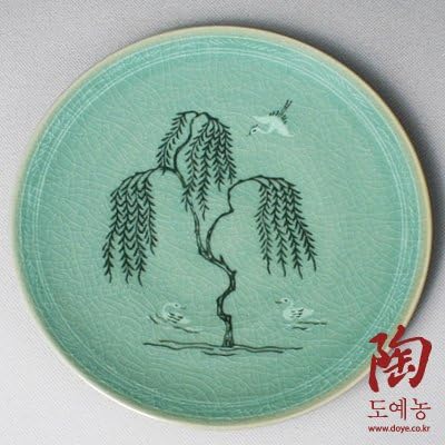 Celadon Green Green Glaze Willow Design de porcelana Cerâmica Pottery Sobersert Torta Servindo Placa de prato de lado