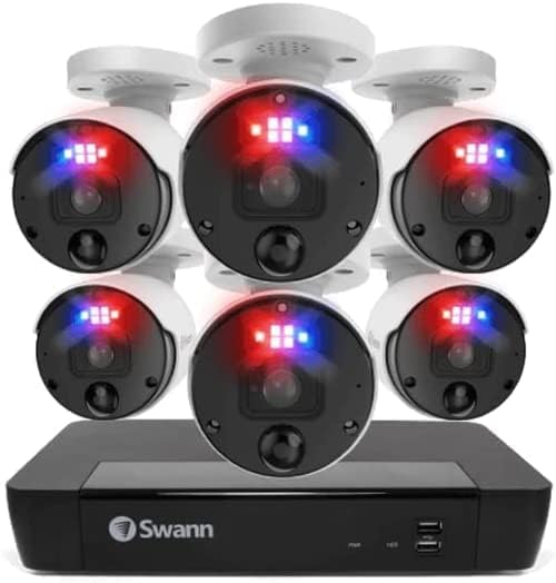 Câmera de Segurança em Casa Swann, Poe Cat5e NVR 4K Vídeo HD, vigilância com fio externo interno CCTV, visão noturna colorida, detecção de movimento de calor, luzes LED de executores, análise avançada em cada câmera, 900BE