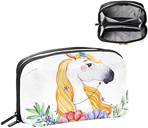 Bolsa de maquiagem branca floral unicórnio para bolsa portátil de viagens portáteis para saco de beleza de higiene pessoal