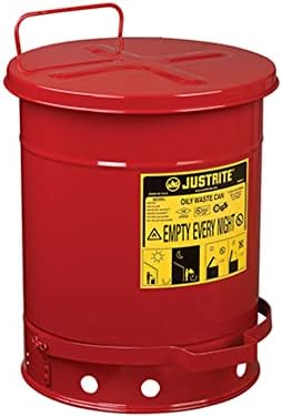 Justite 09300, latas de segurança de aço galvanizado, resíduos oleosos, vermelho, tampa operada pelo pé, elevação, fundo ventilado,