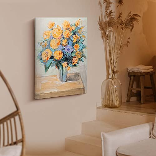 Artbyhannah 20x28 polegadas Flores de rosa pinturas a óleo em tela, obra de arte floral laranja com textura pintada à mão para decoração