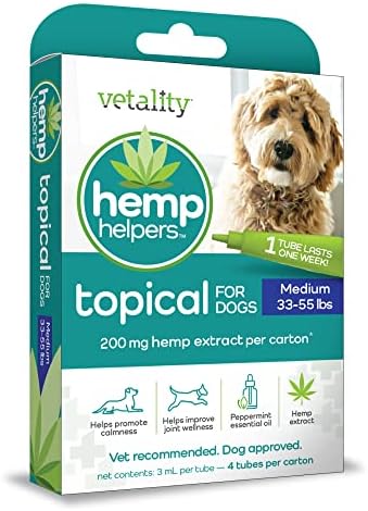 Ajuda de cânhamo de vetalidade Calming & Mobility Tópico para cães médios | 4 tubos | 136 mg de extrato de cânhamo por caixa | Ajuda