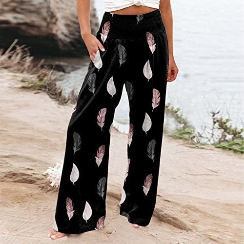 Calças de linho para mulheres Smocked Cantura alta calça palazzo de perna larga com bolso Boho Summer Beach Flowy Loupers