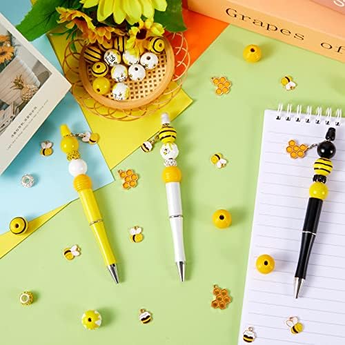 Fuutreo 18 PCs Bee Beadable Pens variado caneta de tinta preta com 18 PCs Pendações de abelha 120 PCs colorido com tema de abelha para crianças estudantes estudantes estudantes