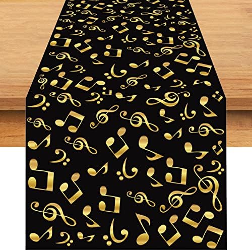 Notas musicais de linho rvsticty Tabel Runner Runner Black and Gold Musical Notes Tocada de mesa Decorações de festa e suprimentos