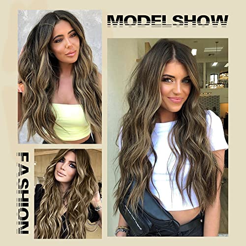 Lativ Long Wavy Wig ombre Brown Mix Ash Blonde Wigs For Women Synthetic Hair Substitui