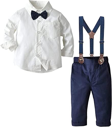 Artmine Boys 2 peças Gentleman roupas de manga comprida camisas brancas e calças suspensas com gravata borboleta