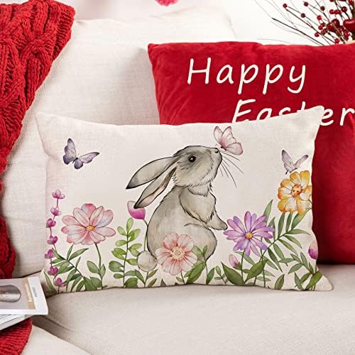 Capas de travesseiro de Páscoa de Lomchen 12x20 polegadas Aquarela de Páscoa Floral Coelho Flores de Rabbit Flores de Primavera Borboleta Páscoa Decorativa Tampa de travesseiro Páscoa Páscoa Decorações de casas de almofada de Páscoa para sofá sofá sofá sofá