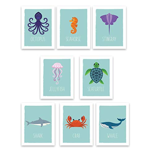 Cartões de parede dos animais oceânicos, decoração de sala de viveiro náutico, arte marinha educacional infacional, presente para