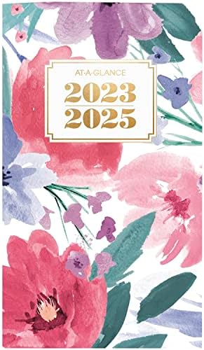 AT-A-GLANCE 2023-2025 Calendário de bolso acadêmico, planejador mensal de 2 anos, 3-1/2 x 6, tamanho do bolso, capa flexível, emblema floral
