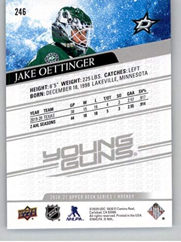 2020-21 Deck superior 246 Jake Oettinger RC Rookie Young Guns SP PRIMAGEM DE PRIMAÇÃO DA DAULAS NHL CARD
