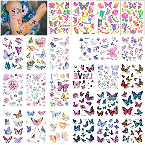 300pcs+ tatuagens temporárias de borboleta adesivos para crianças de borboleta de borboleta-fada à prova de água-água