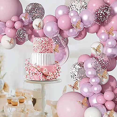Butterfly Balloon Garland Conjunto, balões de confete rosa e roxo são adequados para festas de aniversário rosa e