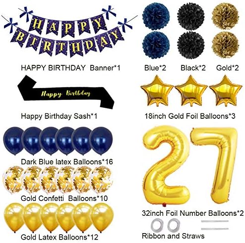 Yujiaonly 27th Birthday Party Decorações Banner de aniversário feliz número de ouro 27º balões Feliz aniversário LATEX E CONFETTI
