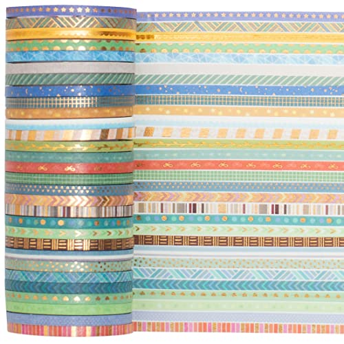 Yubbaex 60 Rolls Fita skinny Washi Conjunto de fitas de ouro Mosca finas Padrões básicos fãs decorativas para artes, artesanato de bricolage, periódicos, planejadores, scrapbook, embrulho