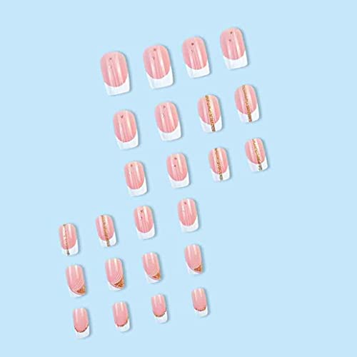 Foccna Pressione Branca em Nails Médio, Pink Fake Nails quadrado acrílico Falso Bling French Nails, unhas artificiais francesas para mulheres e meninas-24pcs