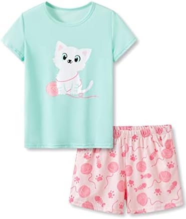 Pijama do pijama do pijama de algodão para meninas para pequenas e meninas grandes Conjunto de mangas curtas PJ tamanho 4T-18