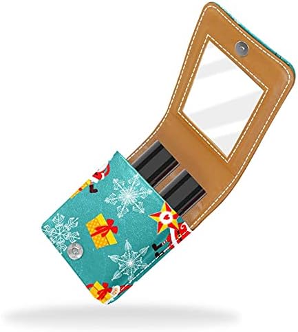 Caixa de batom com espelho fofo de Natal Papai Noel Padrão Lip Gloss Holder Portable Batom Storage Box Travel Saco de maquiagem Mini bolsa cosmética de couro segura 3 batom de batom