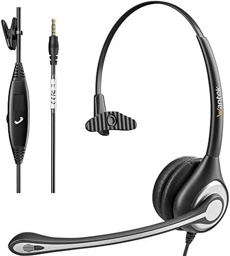 Wantek celular fone de ouvido mono com microfone de cancelamento de ruído, fone de ouvido de computador com fio para iPhone Samsung