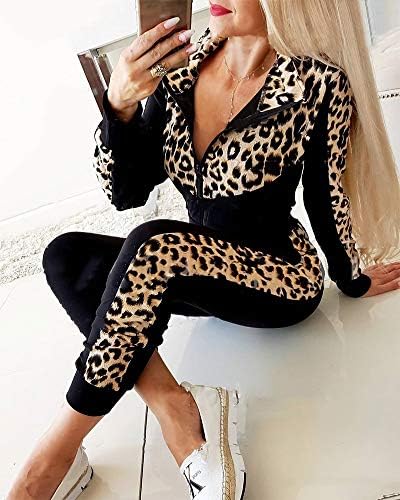 Roupas com zíper feminino conjunto de retalhos de retalhos impressos de leopardo tops altos calças compridas