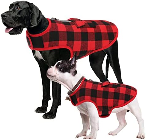 Jaqueta de cão queenmore de inverno, casaco de estofamento refletido em clima frio e impermeável ajustável, roupas de estimação xadrez xadrez com bolso