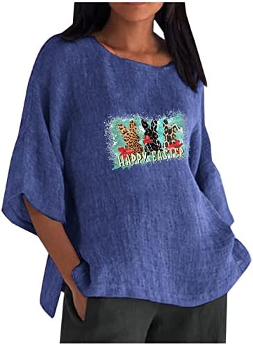 Feliz camisetas de Páscoa para linho de algodão feminino 3/4 de manga solta pullovers casuais soltos moda de camiseta imprimida