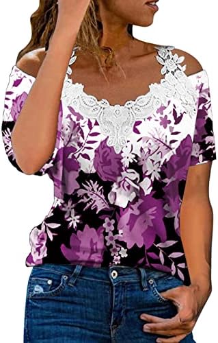 Blusa do ombro de renda de verão feminino V de pescoço casual casual de manga curta estampada floral casual camiseta diária