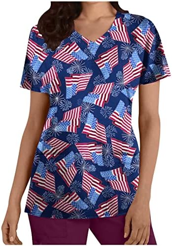 Tops Scrub para mulheres da Independence Day Slaves Americana Vandagem em V S-Scão de Manga Curta Trabalho 4 de julho T-shirt patriótico