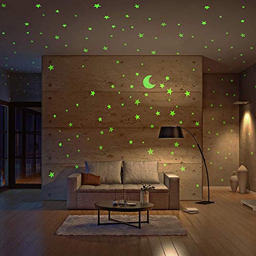 Finduat 466 PCs brilham nas estrelas escuras e adesivos de parede da lua, estrelas brilhantes e lua para decalques de teto e parede, perfeitos para quarto de cama para crianças ou presente de aniversário