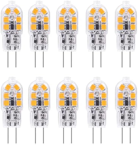 Bulbos LED 10 x G4, branco quente, 1,2 W, 12 V, G4 LED lâmpadas, substituição para lâmpadas de halogênio de 10 W, 120 lm, 3000 K, 360 °, 12 V, lâmpadas LED de AC/DC, sem tremores, não diminuídos, Lâmpadas de base do PIN