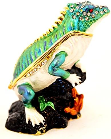 Ciel Collectables Iguana na caixa de bugigangas de filial, configuração à mão Cristal clear swarovski, esmalte verde