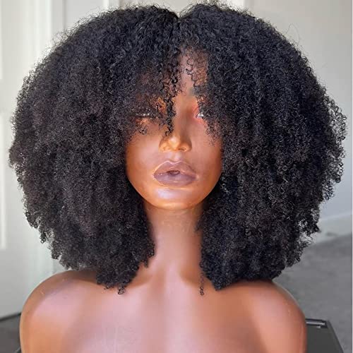 Rheanna Black Wig com Bangs Human Hair Winky Curly Wigs 200 Densidade peruca encaracolada Remy Scalp top top brasileiro None Wig frontal de renda para mulheres 24 polegadas