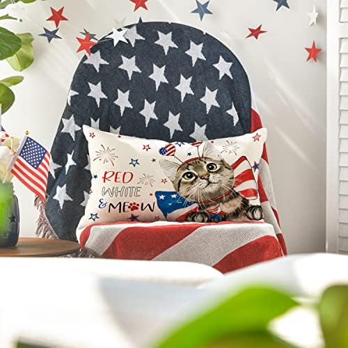 Avoin colorlife 4 de julho Meow gato estrelas fogos de artifício capa de travesseiro, 12 x 20 polegadas Independence Memorial Day Decoração patriótica para sofá de sofá