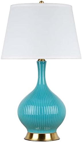 Puresilks Modernos de mesa de mesa de cerâmica artesanal, lâmpada de mesa azul minimalista com tonalidade de tecido esbranquiçada,
