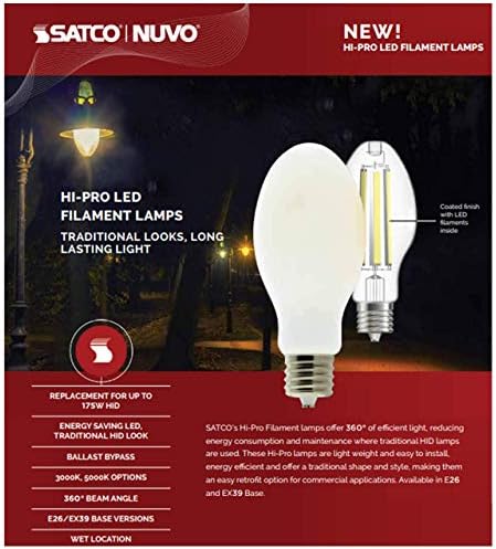 SATCO NOVO! Lâmpada de filamento de LED hi-pro avançada, S13133, 30 watts LED HID HID Substacting; Ed23; 5000k; Base média; 120-277 volts; Bypass de lastro do tipo B - 12 pacote