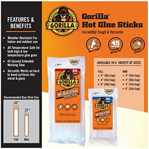 Gorilla Dual Temp Mini Hot Glue Gun Kit com 75 palitos de cola quente e palitos de cola quente, tamanho completo,