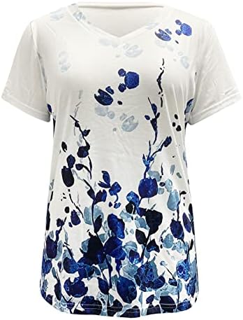 Summer feminino manga curta V pescoço floral impressa camisetas camisetas casuais tee tee feminino tampo de verão