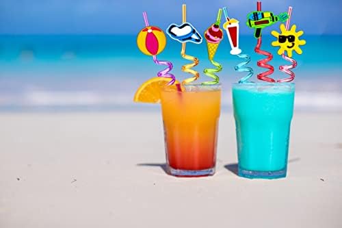 24 peças praia tema reutiliza palha de forma, canudos de bola de praia piscina de verão festa de aniversário favorita