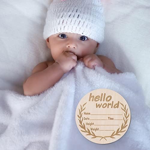 AIEX Baby Anúncio Sinal, 5,9 polegadas redondo de madeira recém -nascida sinal de nascimento Nome Nome Baby Nome Sign Hello World