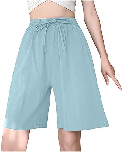 Shorts de joelho feminino com bolsos verão solto ajuste cinto de cordão largo shorts pernas largas bermudas de linho de algodão