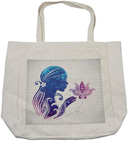 Bolsa de compras feminina de Ambesonne, silhueta de meninas com flores no cabelo ornamentos florais de meditação