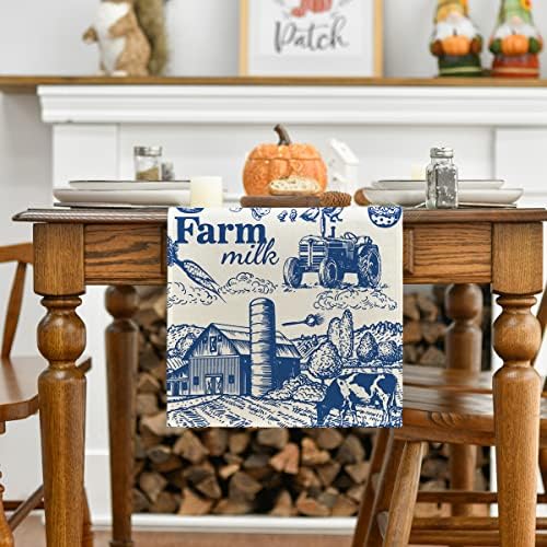 Modo Artóide Blue Tractor Milk Farm Table Runner, Cow House Fall Kitchen Dining Table Decoration for Outdoor Home Party