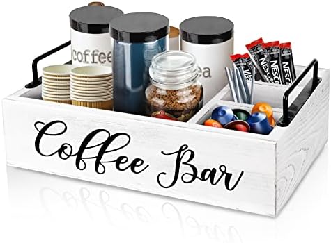 Organizador da estação de café Organizador de acessórios para cafeterias de madeira para bancada, Farmhouse KCUP Coffee Cafe Storage Storage Basket Coffee Bar Organizer - White