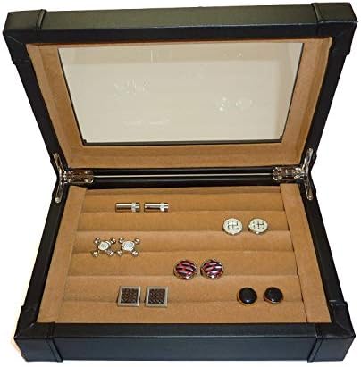 Caixa de jóias de abrange de couro preto de Black Leatherette e Organizador de Armazenamento de Anel para Cufflinks Presente