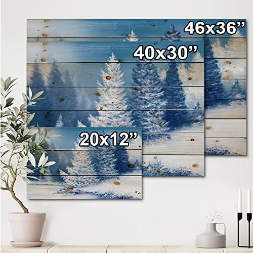 Designq Floresta de abeto de sonho com árvores cobertas de neve Decoração de parede de madeira da casa do lago, arte de parede de